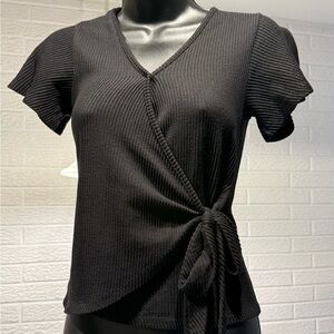 Caution To The Wind Black‎ Ribbed Wrap Blouse